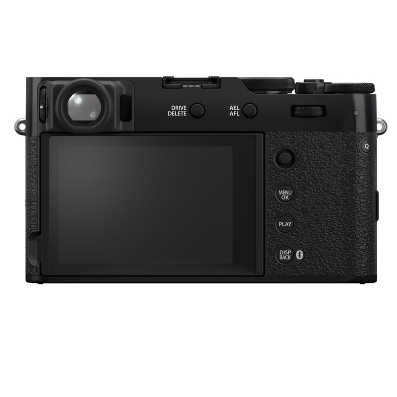 Fujifilm X100VI schwarz Kamera Fujifilm X100VI schwarz Kamera Rückseite mit Display und Bedienelementen.