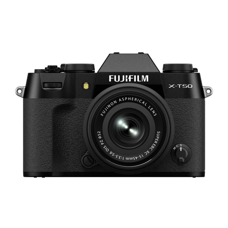 Fujifilm X-T50 Kamera mit 15-45mm Objektiv in Schwarz.