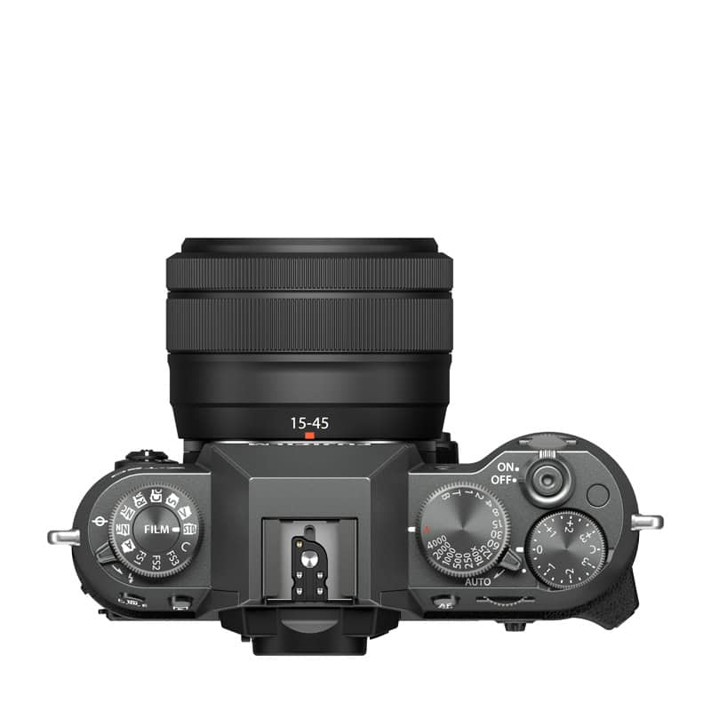 Fujifilm X-T50 mit XC 15-45mm Objektiv in anthrazitgrau, Oberansicht.