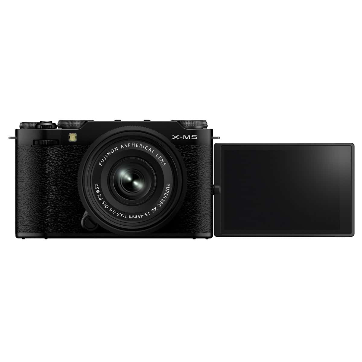 Fujifilm X-M5 Kamera mit klappbarem Display, schwarz, Nahaufnahme.